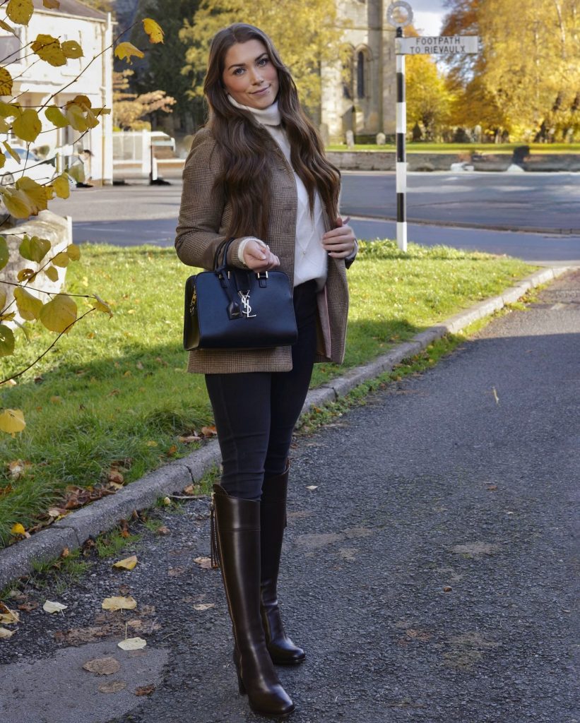 Brown Plaid Blazer + White Turtleneck Sweater + Knee-High Leather Boots