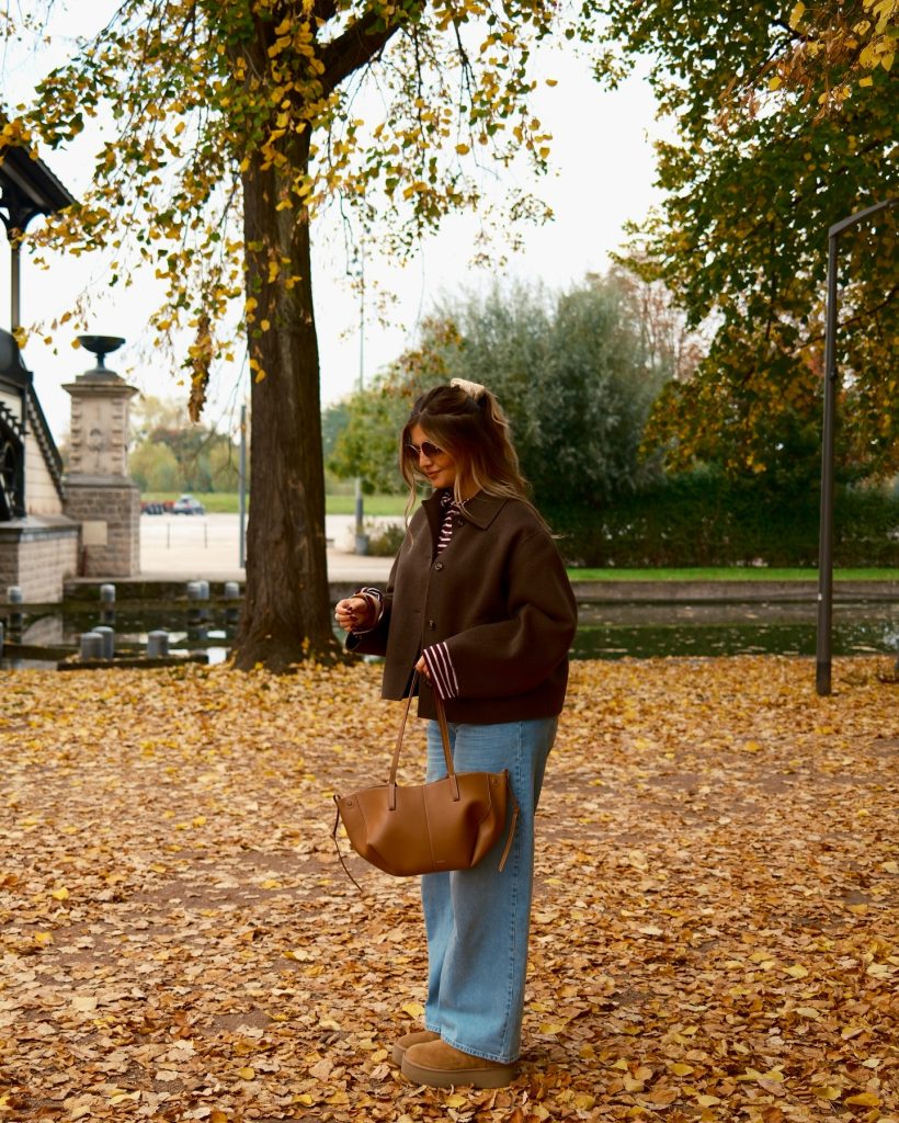 Brown Cropped Jacket + Wide-Leg Jeans