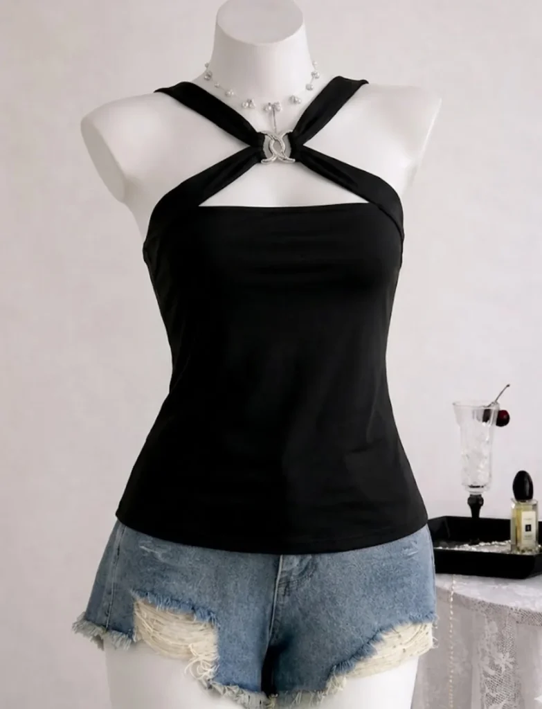 Black Criss-Cross Halter Top + Light Wash Denim Shorts