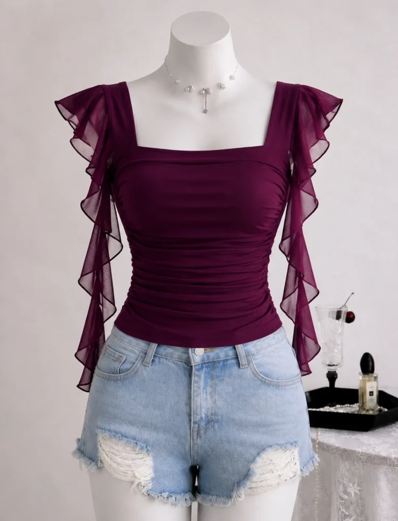Maroon Ruffled-Sleeve Ruched Top + Light Wash Denim Shorts