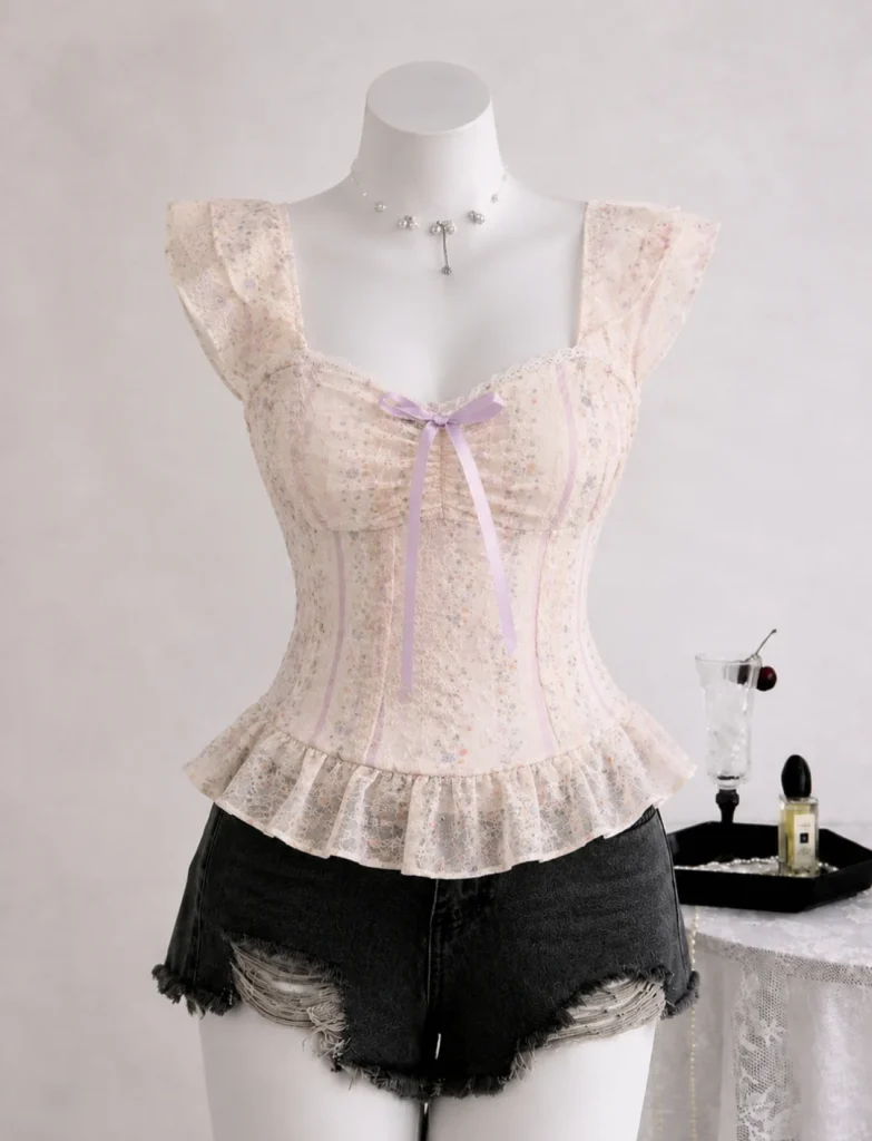 Cream Floral Corset Top + Black Denim Shorts