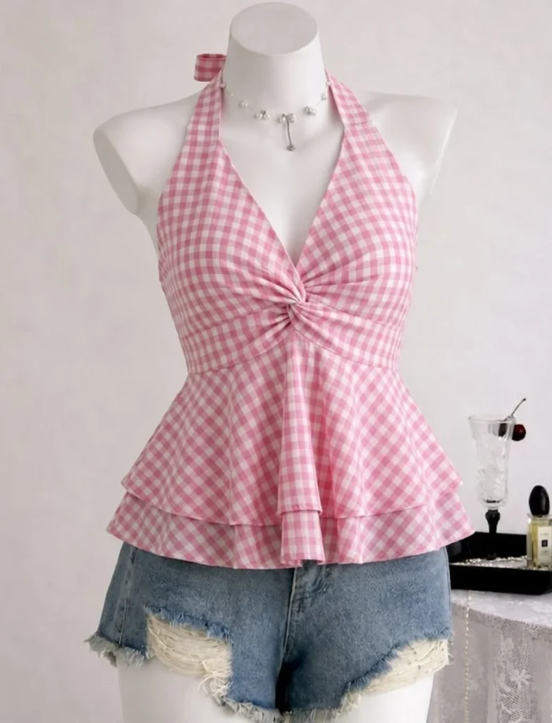 Pink Gingham Halter Top + Light Wash Denim Shorts