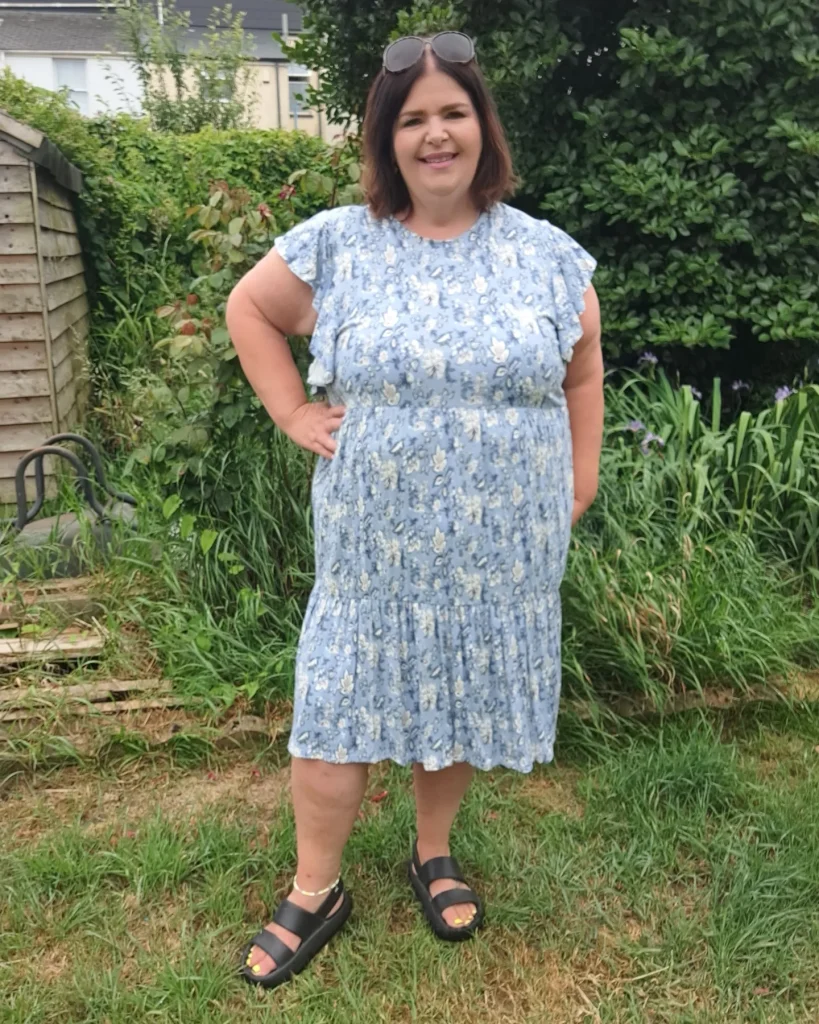 Blue Floral Dress + Black Sandals