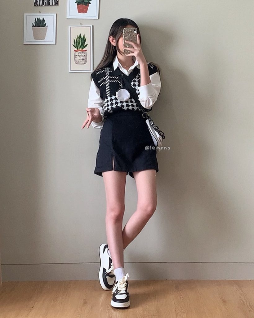 Black Houndstooth Vest + White Button-Up + Black Mini Skirt