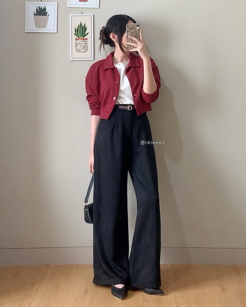 Burgundy Cardigan + White Top + Black Wide-Leg Pants