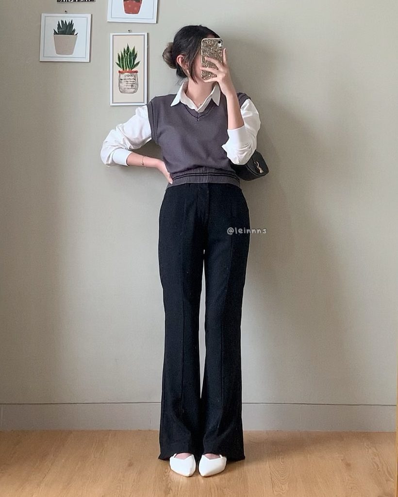 Grey Sweater Vest + White Shirt + Black Flare Pants