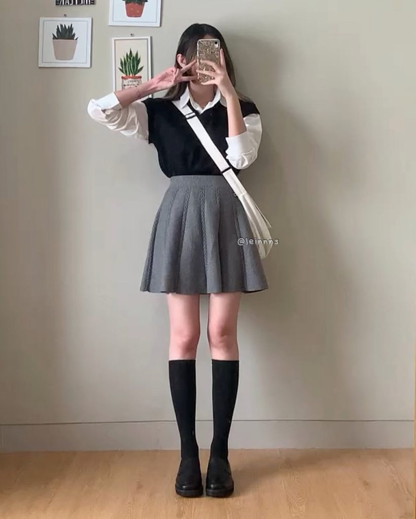 Black Sweater Vest + Grey Pleated Mini Skirt + White Button-Up Shirt