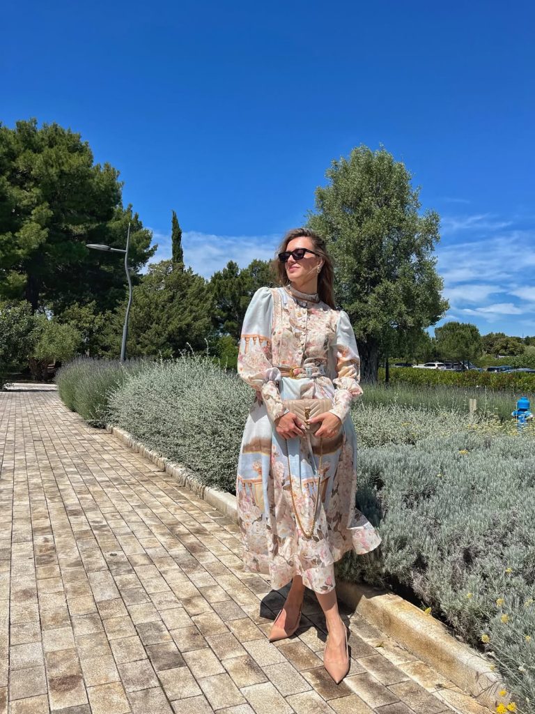 Pastel Floral Maxi Dress + Nude Pumps