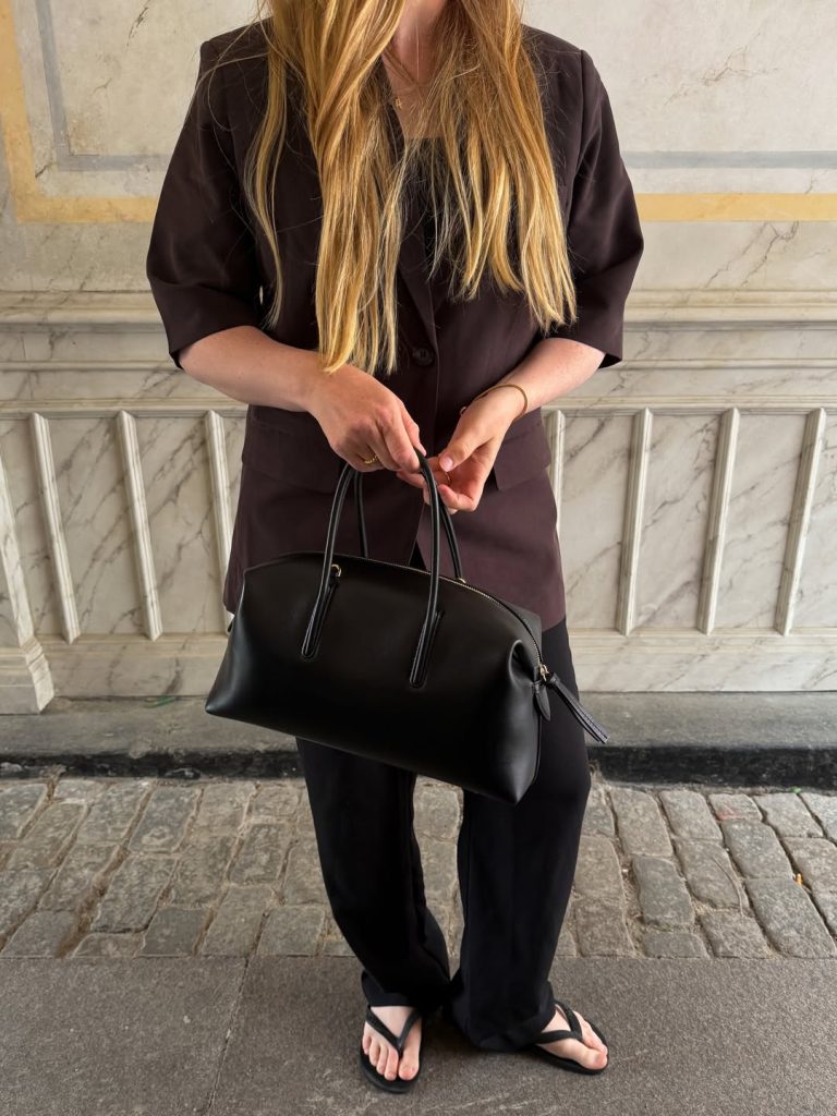 Dark Brown Blazer + Black Wide-Leg Trousers + Black Handbag