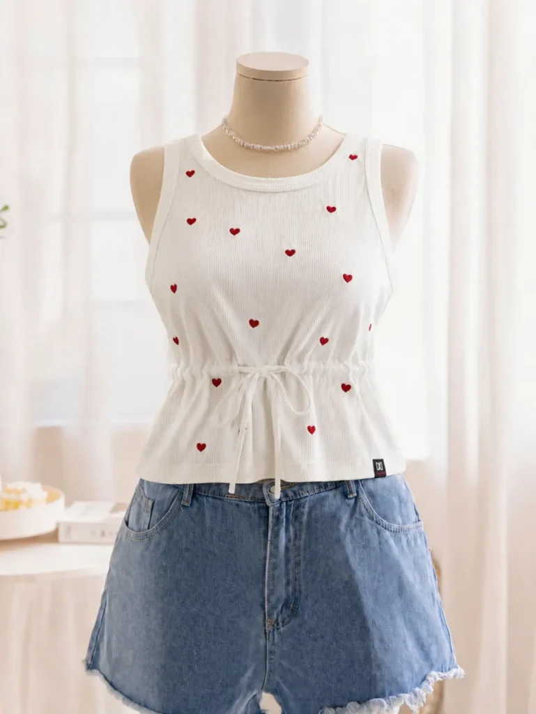 White Heart-Embroidered Tank Top + Light Wash Denim Shorts
