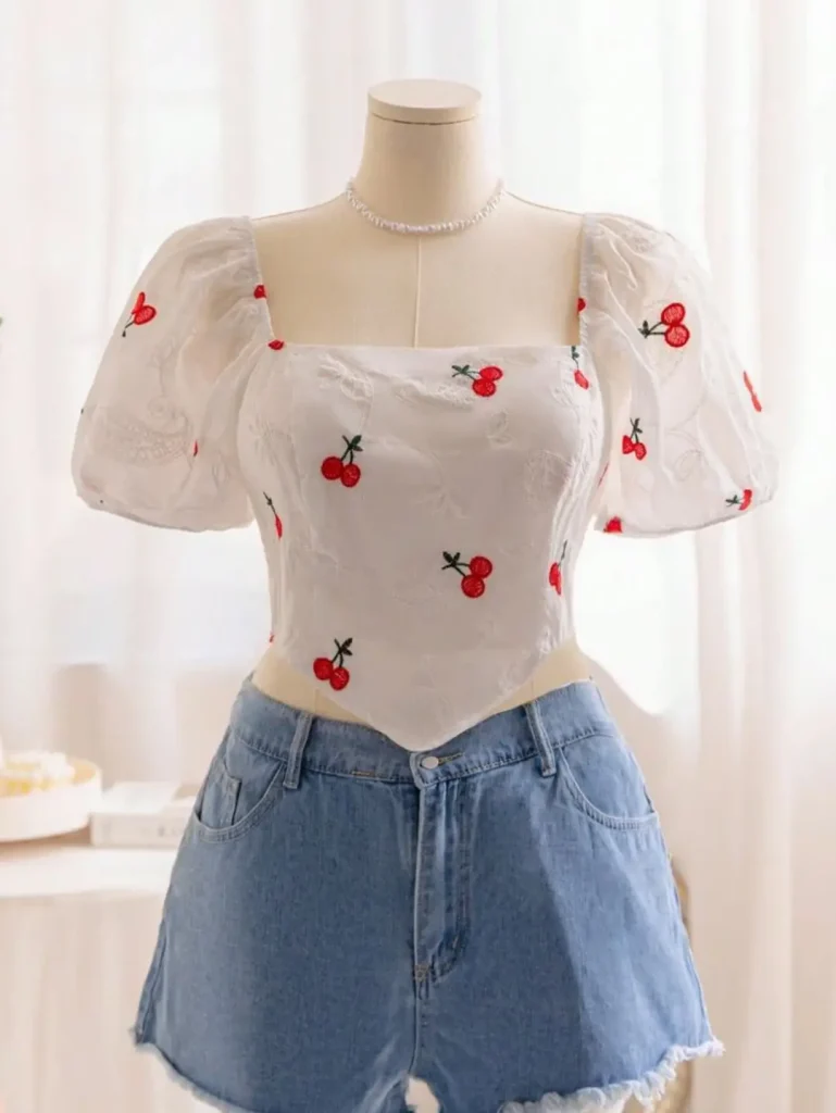 White Cherry-Embroidered Puff Sleeve Top + Light Wash Denim Shorts
