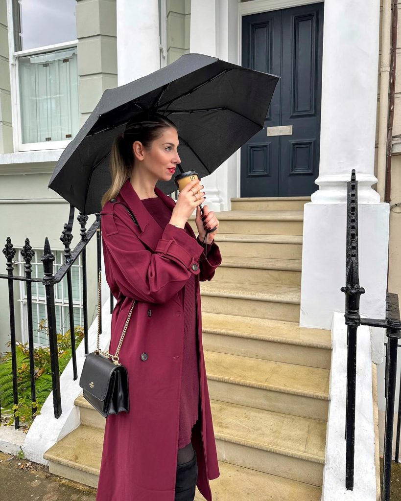 Burgundy Trench Coat + Knit Dress