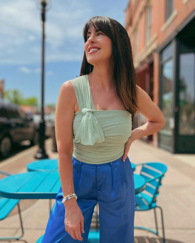 Sage Green One-Shoulder Ruched Top + Royal Blue Satin Pants