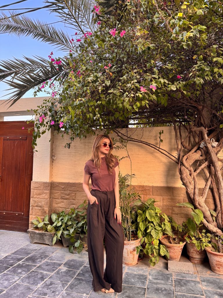 Brown Fitted Top + High-Waisted Wide-Leg Pants