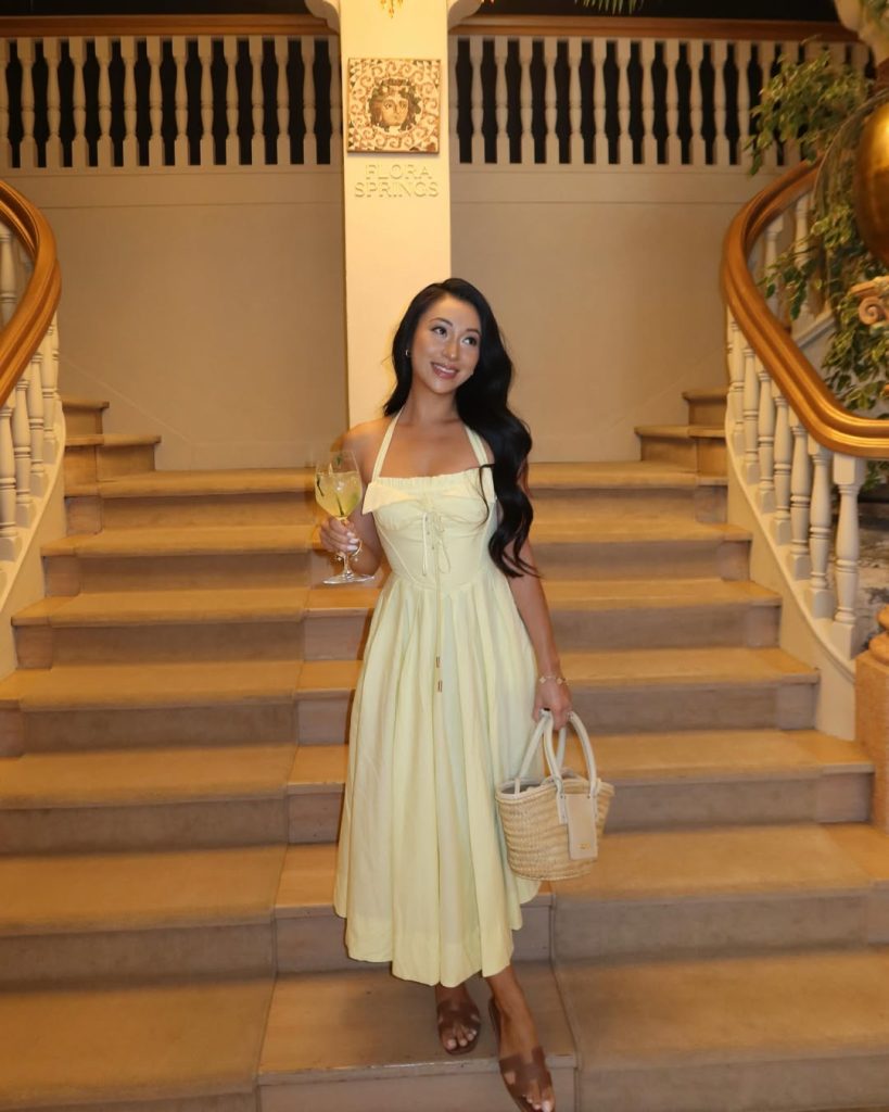 Yellow Halter Dress + Straw Bag