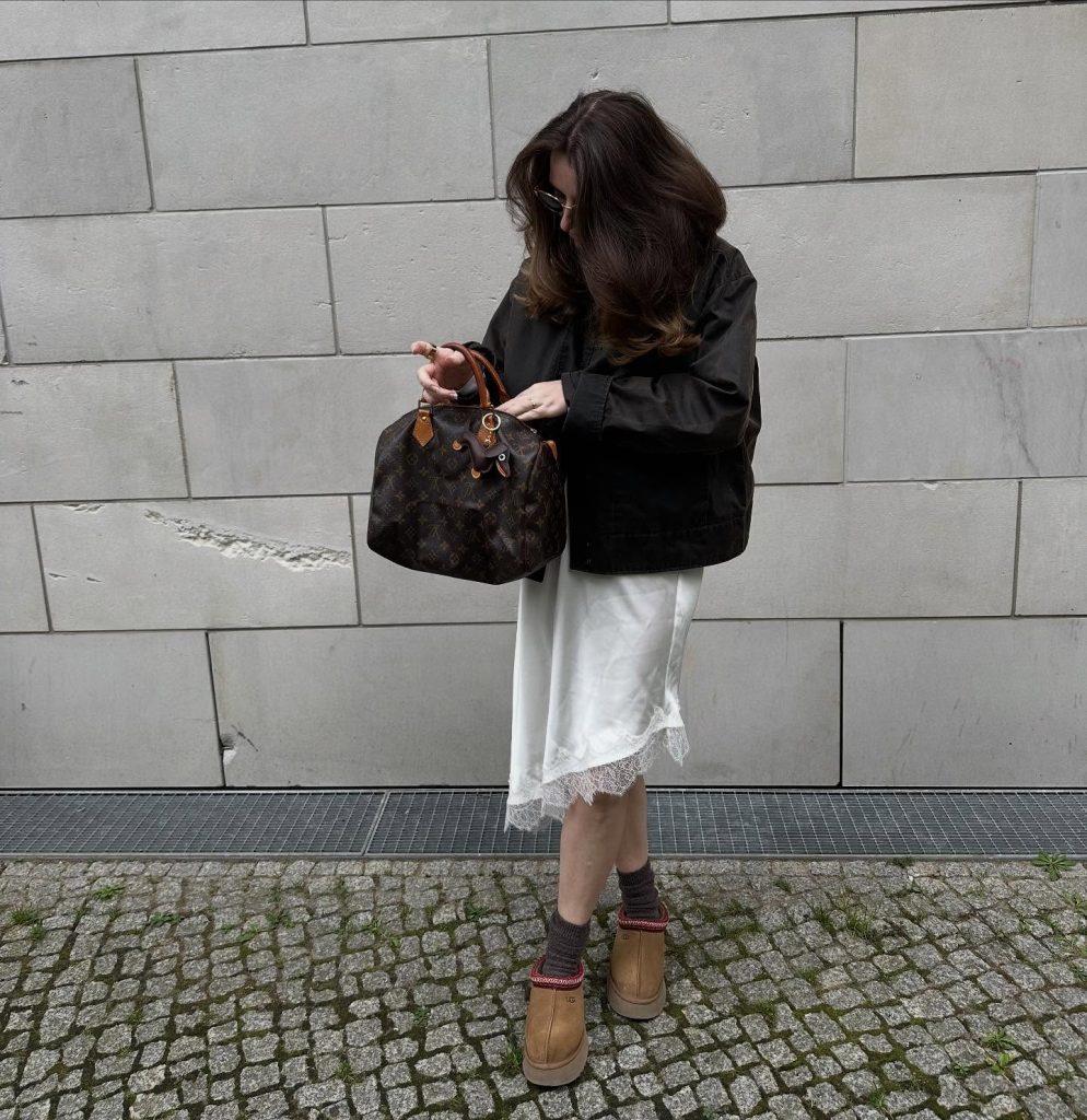 Black Jacket + Lace Slip Dress + Suede Slippers