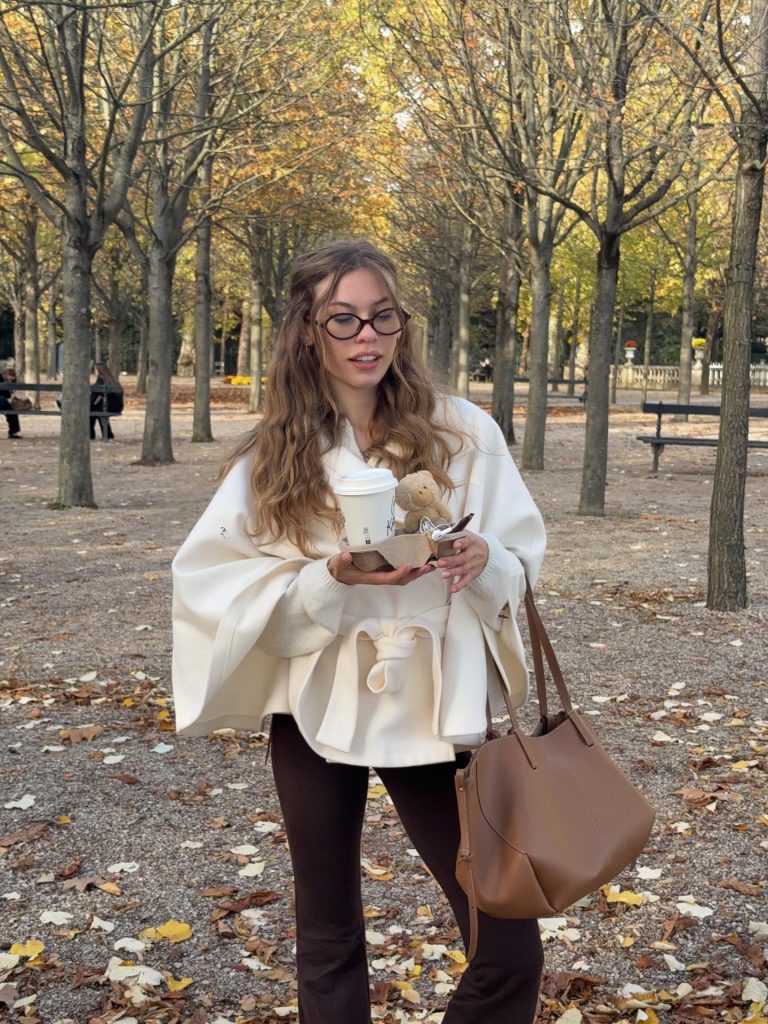 Cream Cape Coat + Knit Sweater + Brown Flared Pants