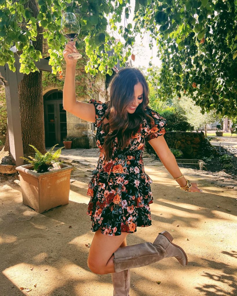 Black Floral Mini Dress + Suede Knee Boots