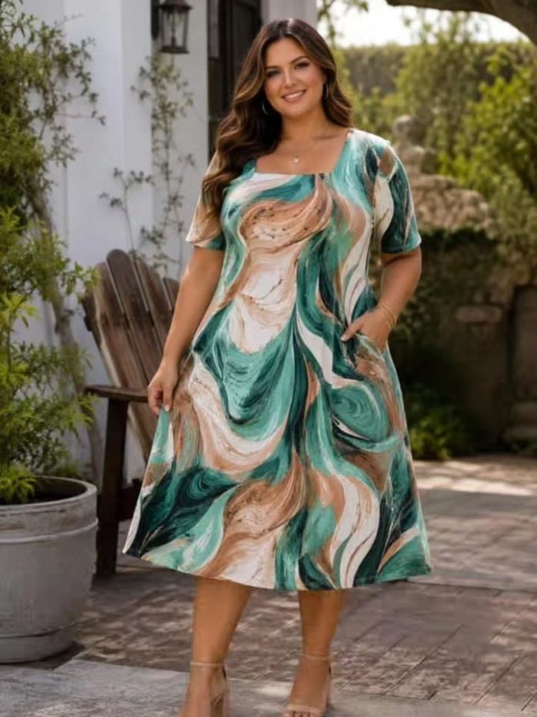 Green Swirl Dress + Ankle Strap Heels