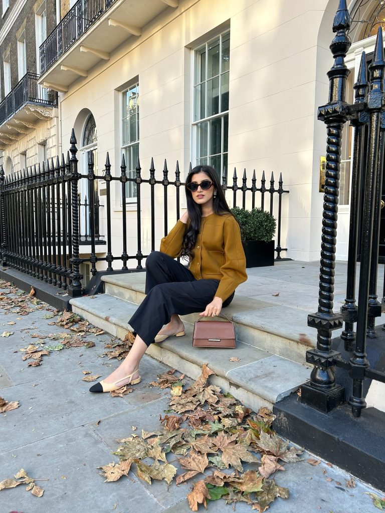 Mustard Cardigan + Tailored Trousers + Slingback Flats