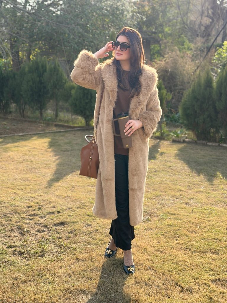 Beige Faux Fur Coat + Brown Top + Black Wide-Leg Pants