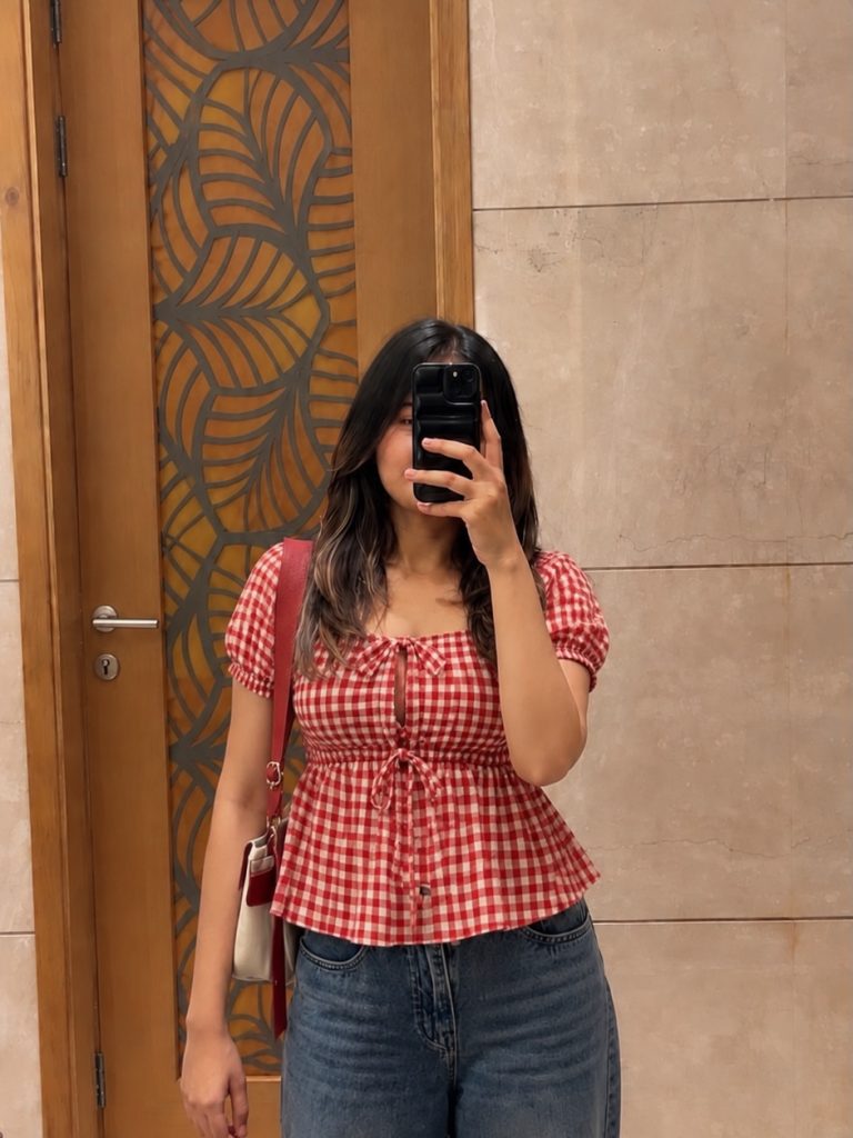 Red Gingham Top + Blue Jeans