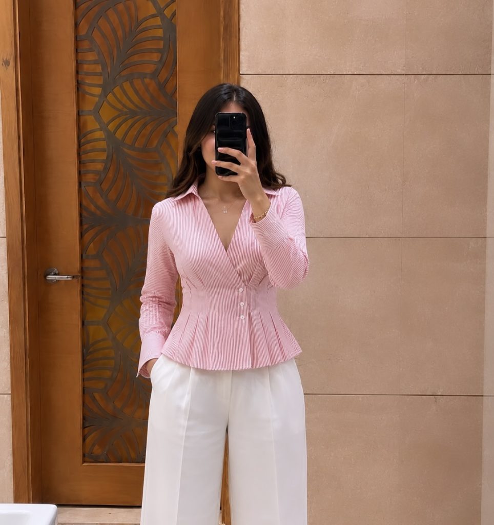 Pink Striped Peplum Shirt + White Tailored Trousers