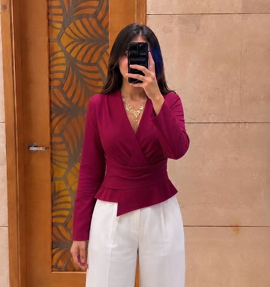 Magenta Wrap-Around Peplum Top + White Wide-Leg Pants