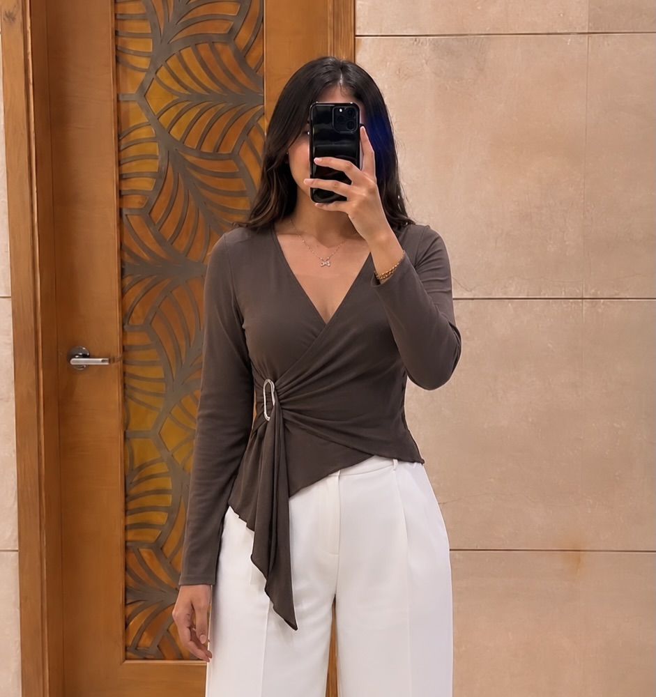 Charcoal Brown Gathering Waist Top + White Flared Trousers