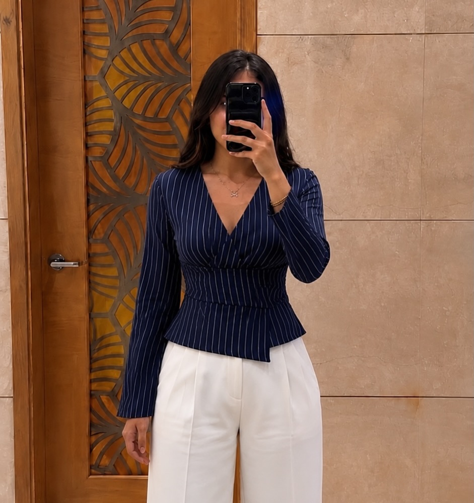 Navy Blue Pinstripe V-Neck Top + White Structured Trousers