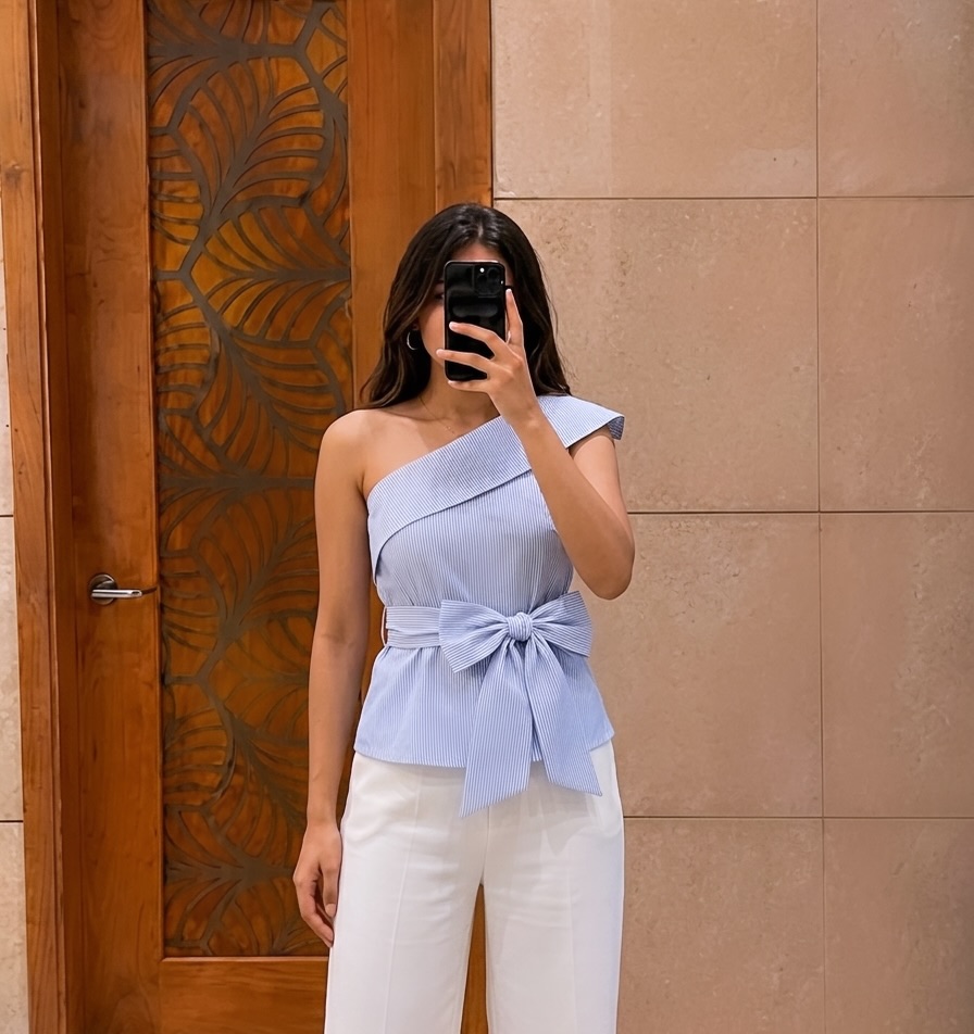 Blue Striped One-Shoulder Top + White Tailored Pants