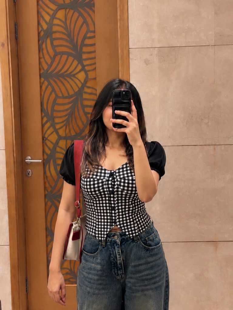 Black Gingham Corset Top + Blue Jeans