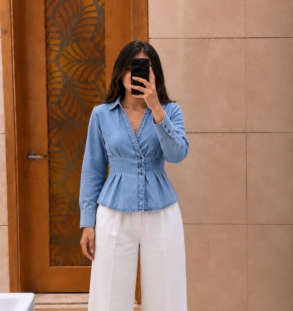 Blue Denim Corset Shirt + White Tailored Pants