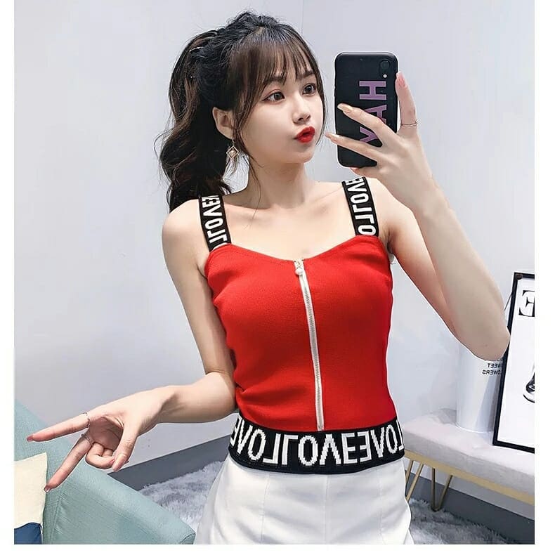 Red Letter-Print Strap Top + White Shorts