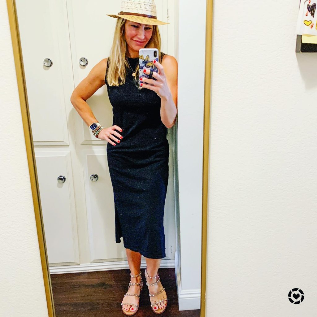 Black Sleeveless Midi Dress + Straw Fedora Hat
