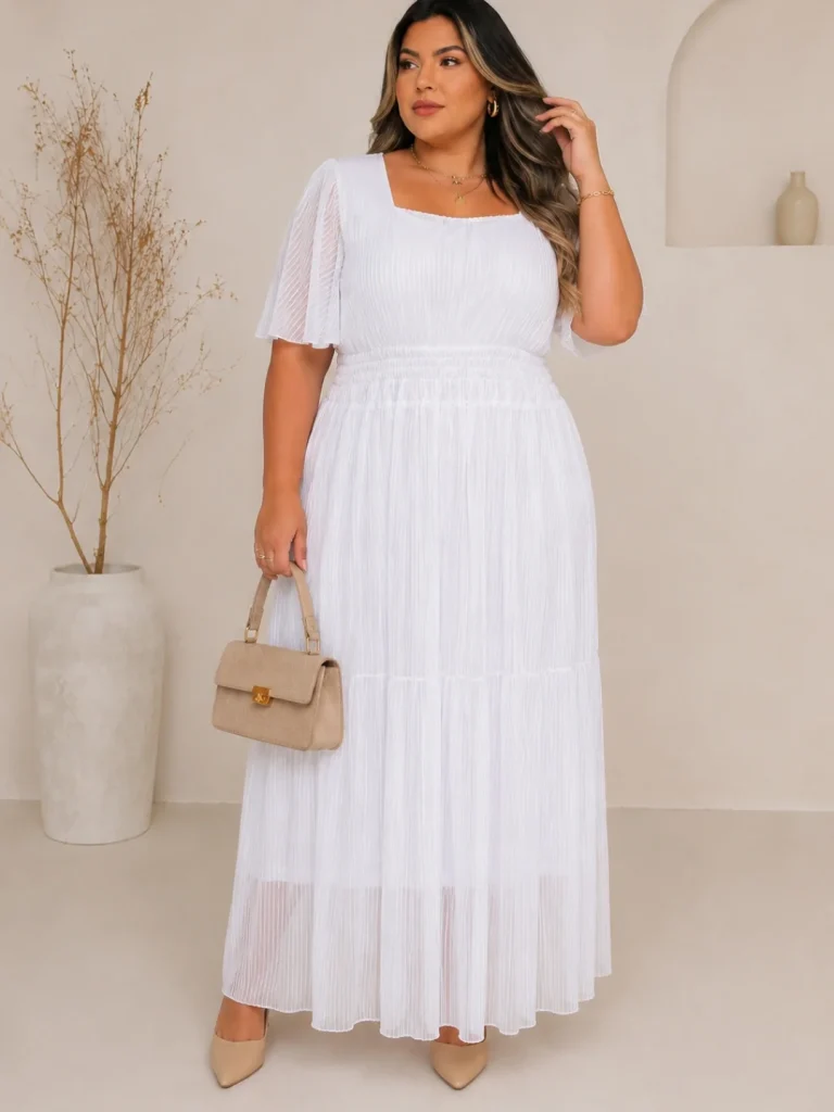White Maxi Dress + Beige Handbag
